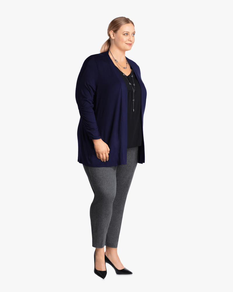 Plus size model with hourglass body shape wearing Donna Ruched Sleeve Cardigan by Prescott New York | Dia&Co | dia_product_style_image_id:113327
